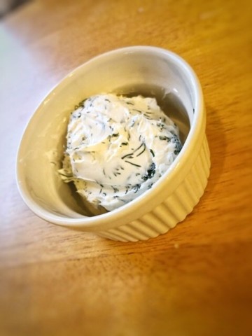 Homemade dill cream cheese from Missouri girl home in a ramekin dish