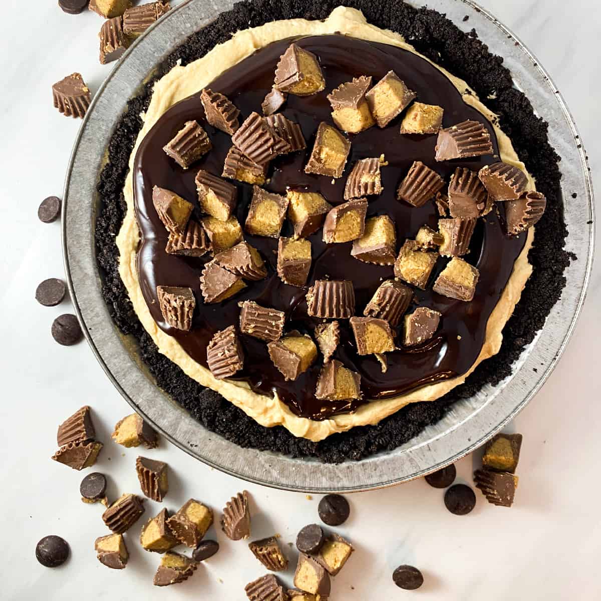 no bake chocolate peanut butter pie surrounded by reese's peanute butter cups